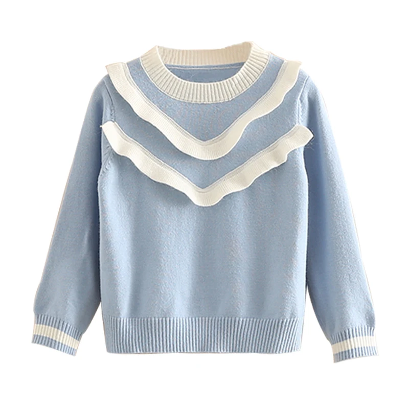 2021 Autumn Spring 2 3 4 6 8 9 10 Years ChildrenS O-Neck Ruffles Patchwork Knitted Pullover Cotton Sweater For Kids Baby Girls