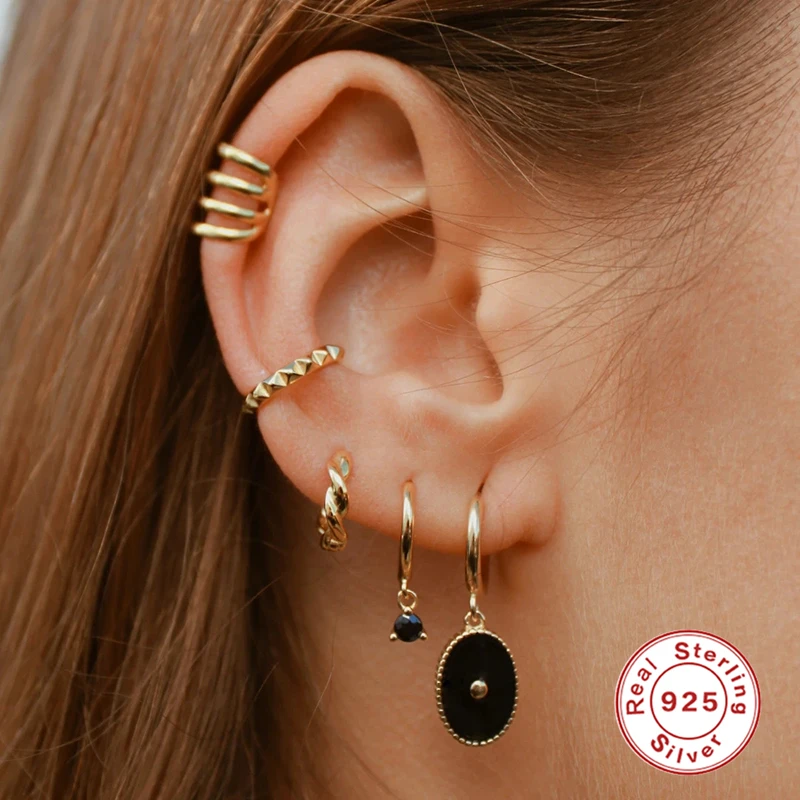 

100% Real 925 Sterling Silver Drop Earrings For Women Luxury Black Zircon Circle Round Earring Fashion Earings Exquisite Jewelry
