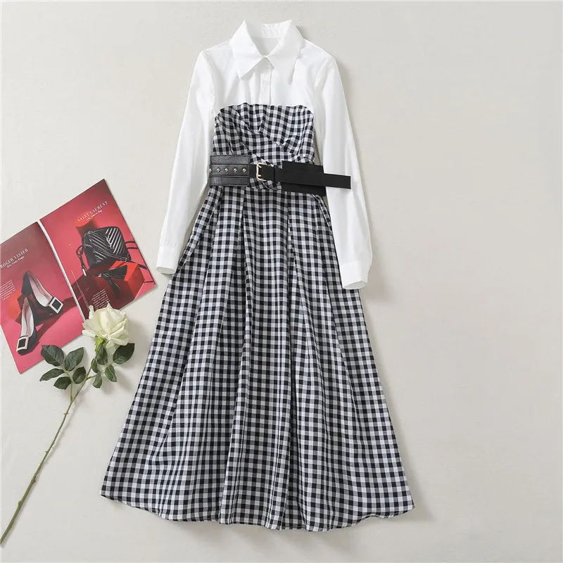 

2021 Spring Designers White Shirt Collar Patchwork Plaid Dress Celebrity Party Robe Femme Midi Casual Vestidos Women