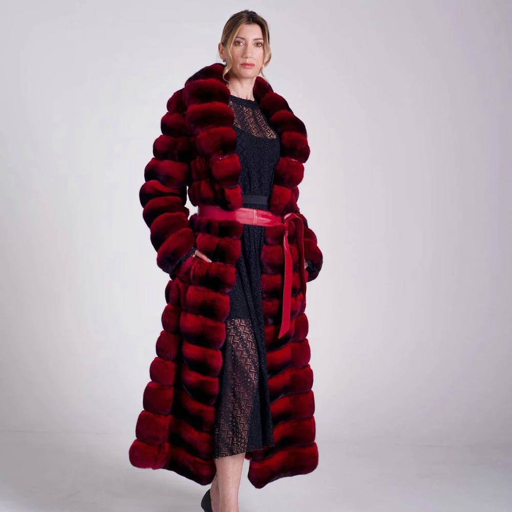 Fashion Red Long Rex Rabbit Fur Coat Turn-down Collar 130cm Length Whole Skin Natural Rex Rabbit Fur Overcoats Luxury Female