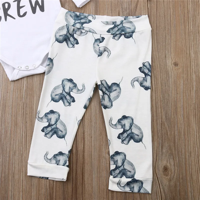 3pcs Newborn Clothes Set White Letter Rompers Baby Girls Bodysuit Outfits Elephant Print Pants Hats Boys Clothing | Детская одежда и
