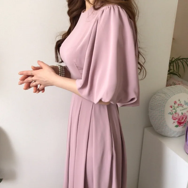 

Korean Casual Chic Elegant Woman Dress Summer OL Chiffion Pleated Long Maxi Dress Female Lantern Sleeve Bandage Vestidos Jurken