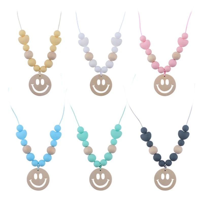 

2021 New Baby Teething Necklace Rattle Food Grade Silicone Beads Long Chain Teether Cute Wooden Smile Face Newborn Teething Toy