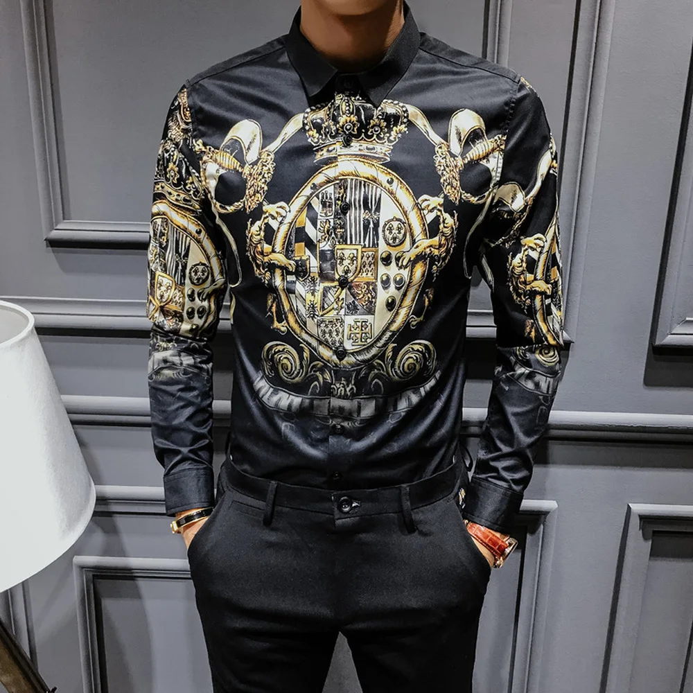

Luxury Black Gold Print Shirts men Baroque Slim Fit Party Club Shirt Men Camisa Homem luxury Long Sleeve Shirt Plus Size M-4XL