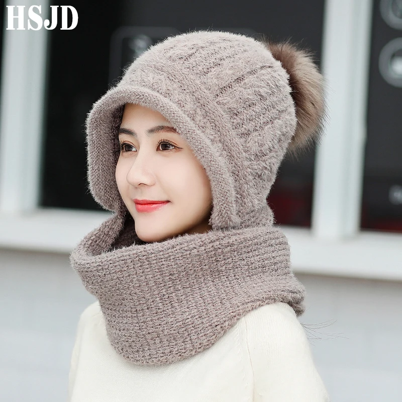 Утолщенные теплые вязанные шарф и шапка из кроличьей шерсти набор 2019 новые