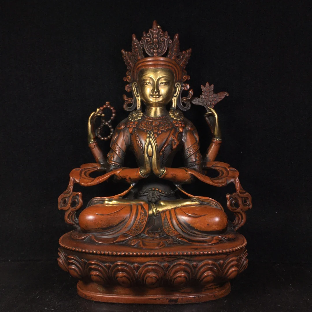 

12"Tibet Buddhism Old Bronze Gilt Real gold Four-armed Guanyin Guanyin Bodhisattva statue Avalokitesvara Enshrine the Buddha