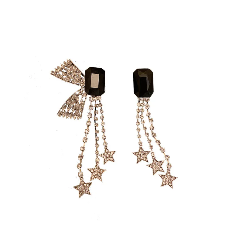 

925 silver needle exaggerated asymmetric full diamond five pointed star Butterfly Earrings Fashion long temperament earrings ear