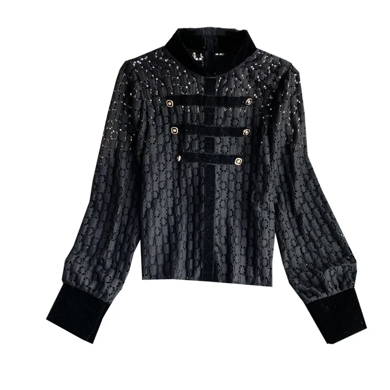 

French Retro Color Matching Hollow Hedging Stand Collar Lace Shirt Women Spring and Autumn Temperament Long Sleeve Top UK076