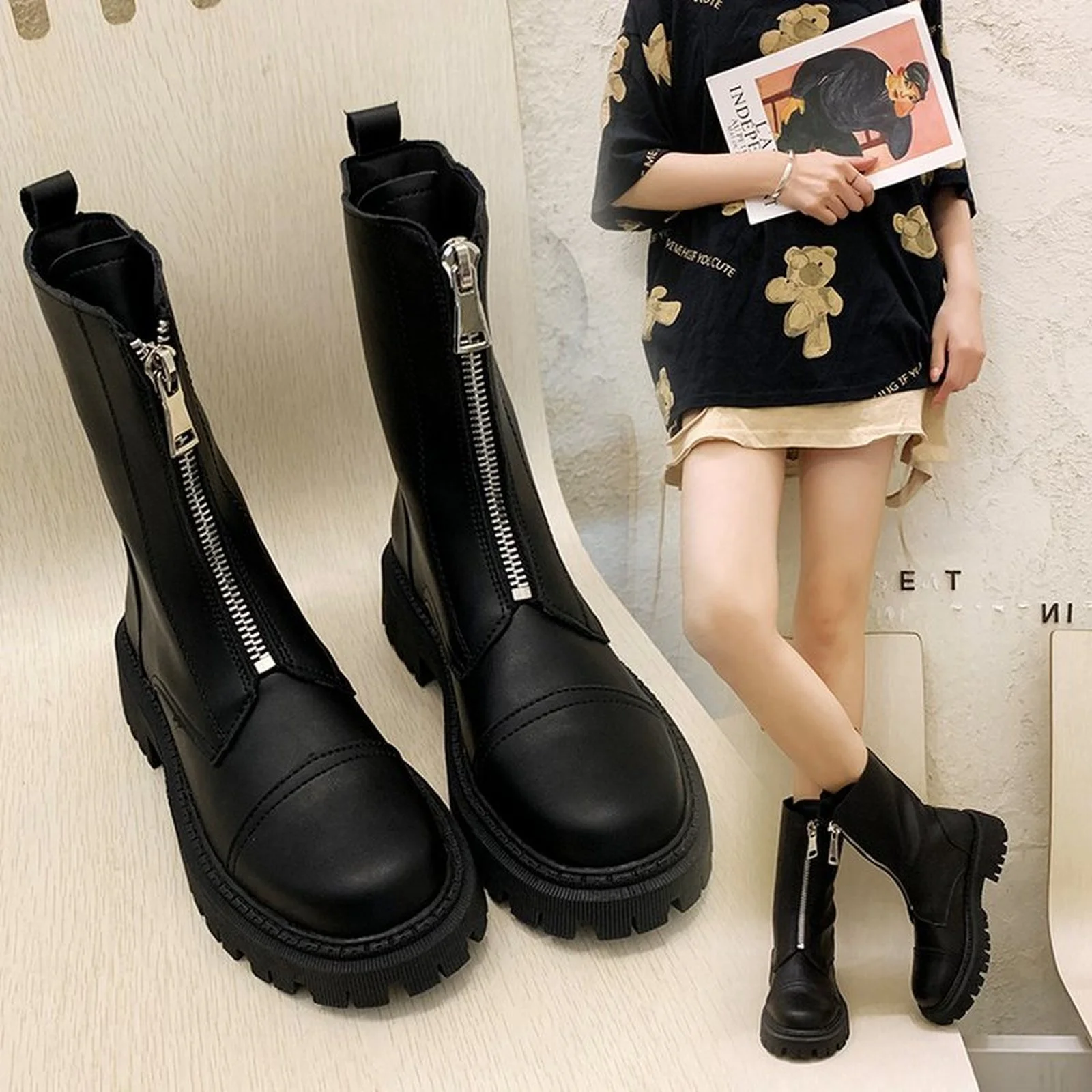 

Med Heel Boots Boots-women Summer Booties Shoes Round Toe Luxury Designer Zipper Flat 2020 Rock Ankle Ladies Rubber Fashion