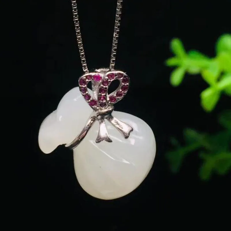 

S925 Silver Chinese Hand-carved Hetian White Jade Colored Purse Pendant Necklace Lucky Amulet Fine Jewelry