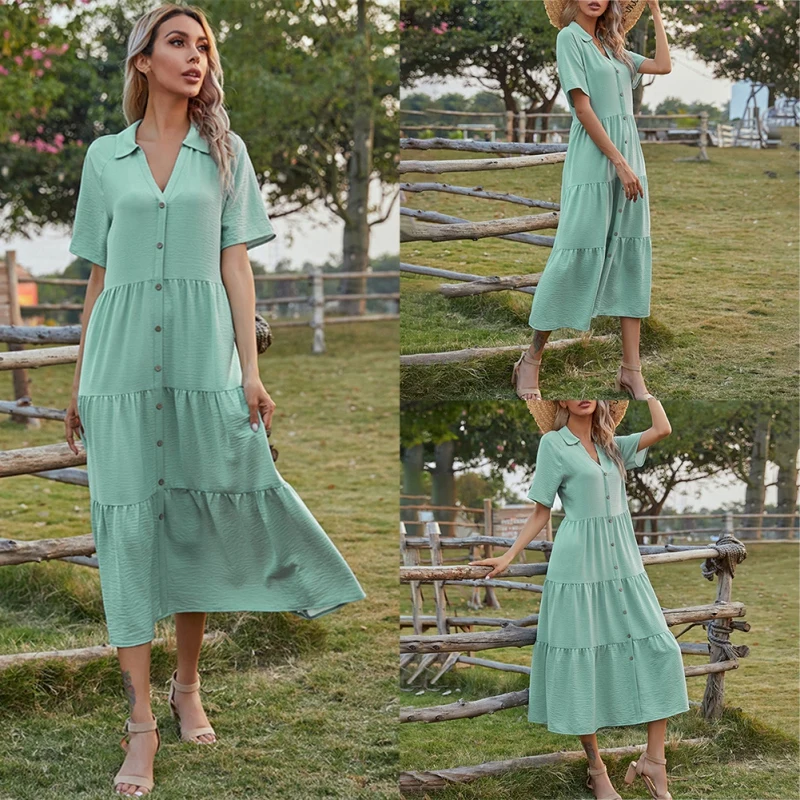 

Spring and Summer Women's Elegant V-Neck Solid Color Short Sleeve Button Up Long Casual Skirt Loose Dress Green