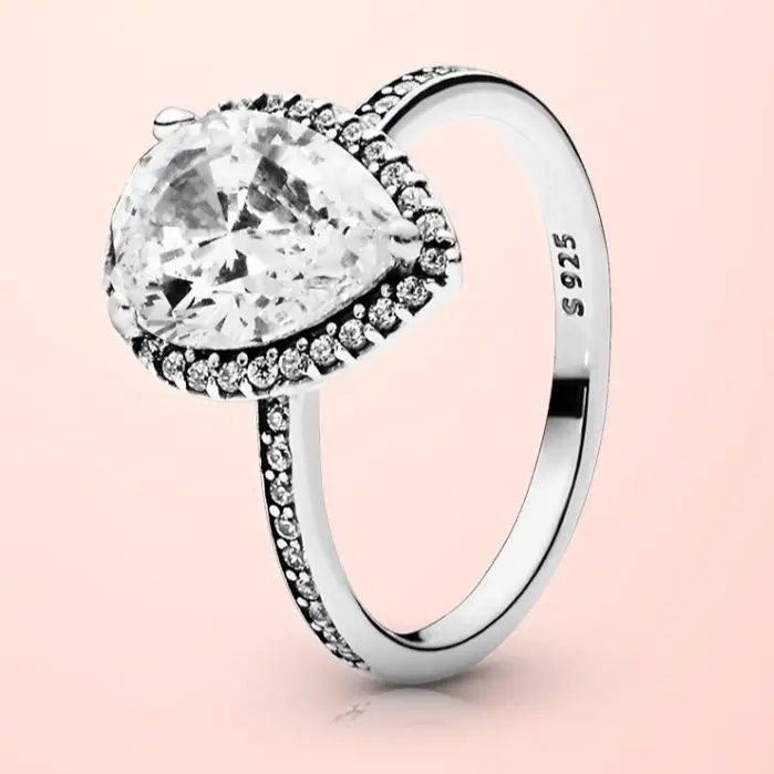 

JrSr Luxury Crystal Real 925 Sterling Silver Sparkling Teardrop Rings pan brand for Women Engagement Jewelry Anniversary Gifts