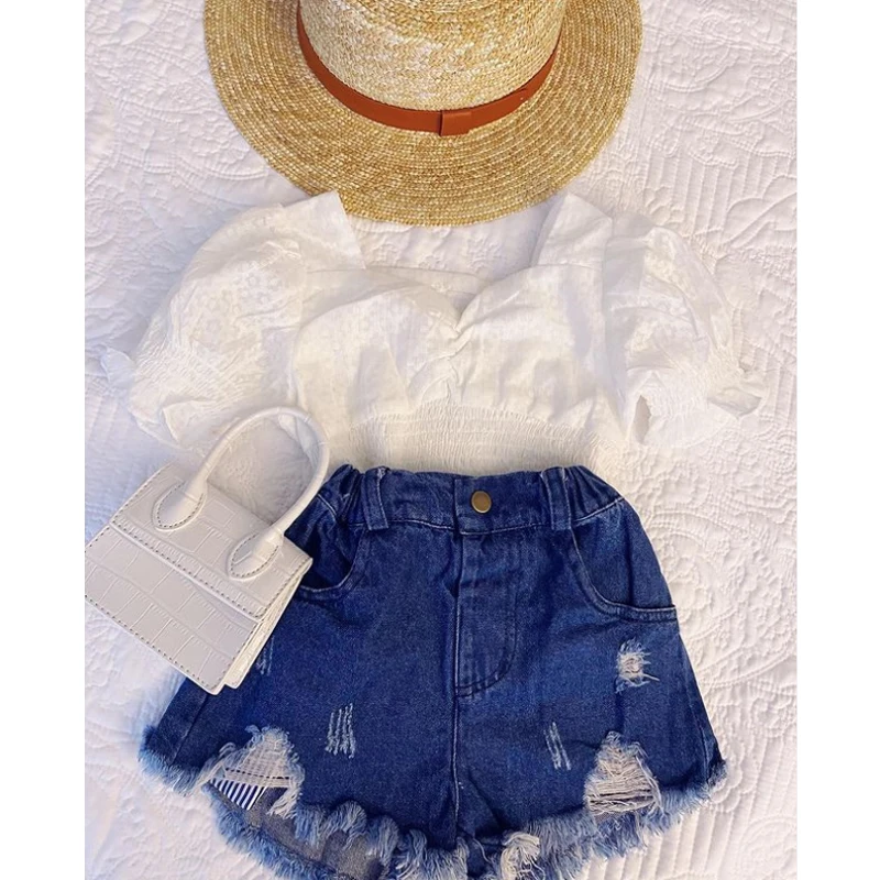 

Nituyy Official 2pcs Fashion Kids Girls Clothes Sets Lace Floral Puff Sleeve T Shirts Tops Hole Denim Shorts Outfits 2-7Y