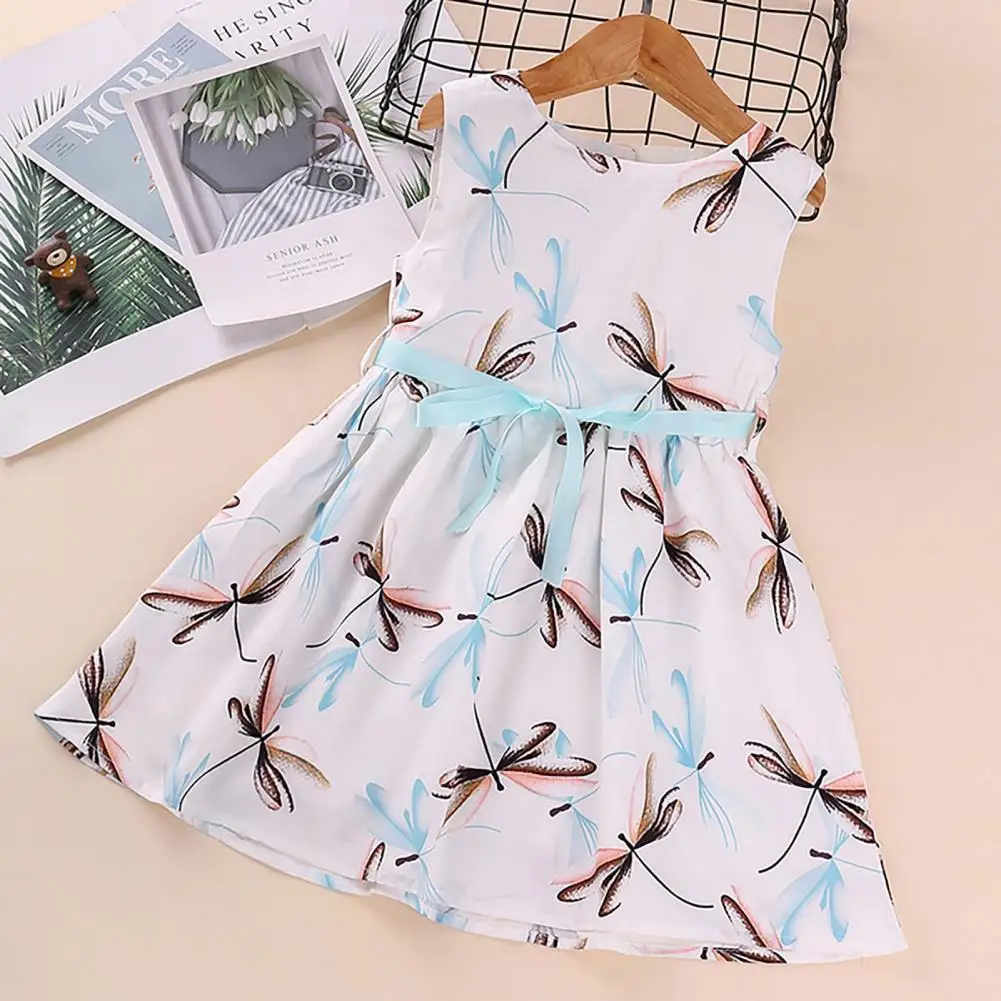 

Children's Dress Summer Dress Floral Girls' Sleeveless Dress Round Neck Breathable White Girls Dragonfly Printing Dress 2021