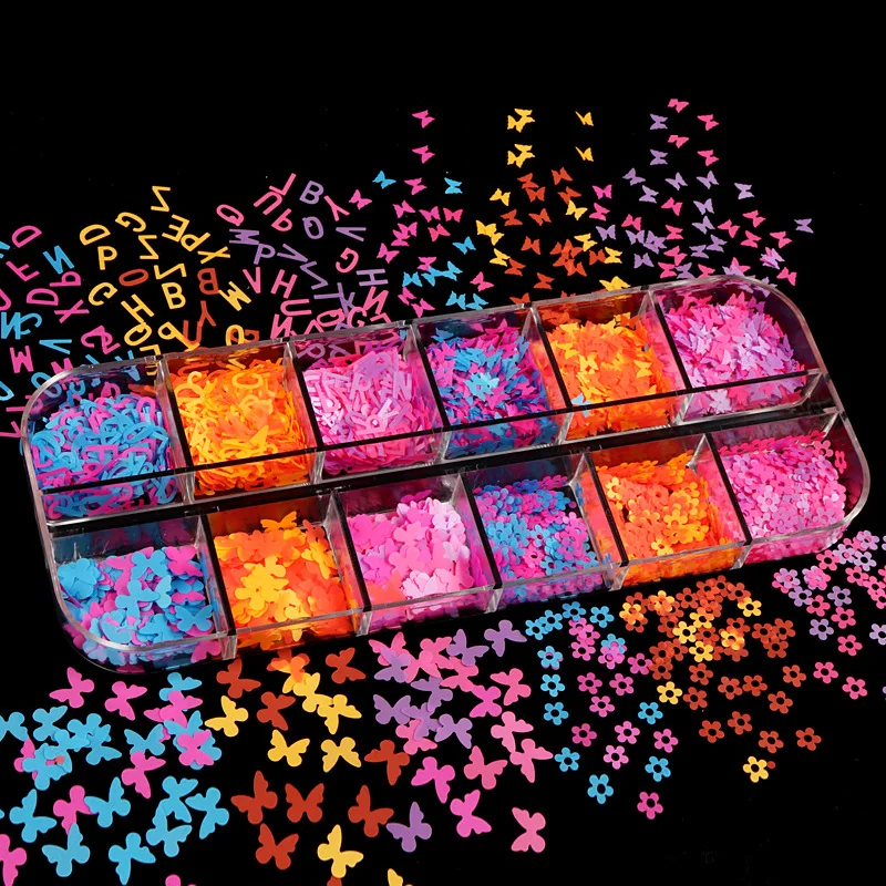 

New 12 Grid Boxed Mixed Color Fluorescent Butterfly Flower Nail Art Sequins DIY Nail Accessories Nail Patch Nail Art Nail Nails