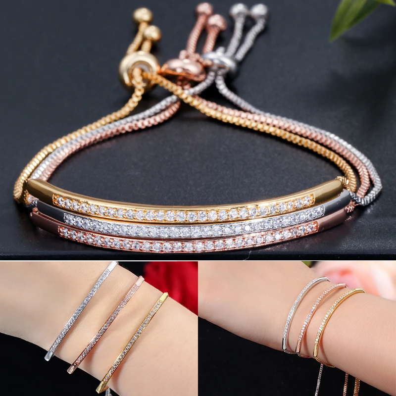 

2021 New 1PC Simple Fashion Brand Adjustable Ladies Jewelry Rose Gold Color Bar Cubic Zirconia Bracelet for Women Hot Sale