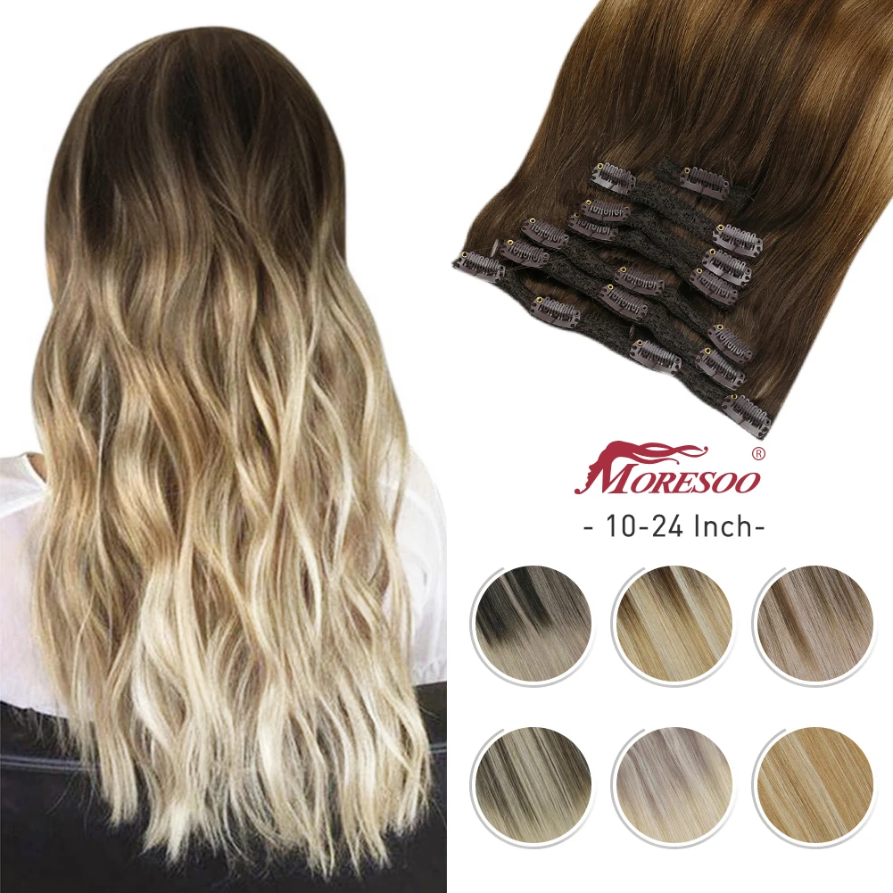 

Moresoo Blonde Clip in Hair Extensions Human Hair Balayage Highlight Machine Remy Hair Natural Straight Seamless 100% Real