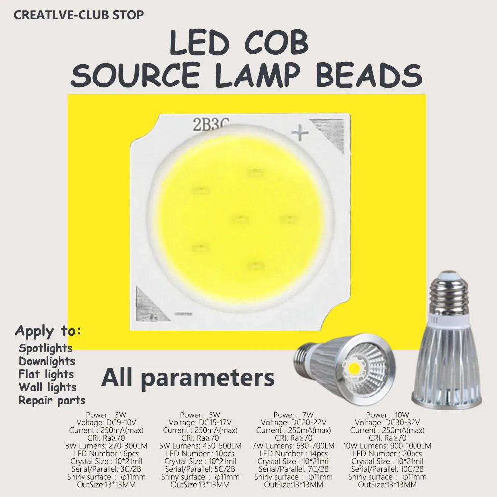 10pcs a lot 3W/5W/7W/10W 6500K/4000K/3000K LED COB Light Beads 1313 lamp Bead Bulb Chip Spot Downlight Diode Lamp | Лампы и освещение