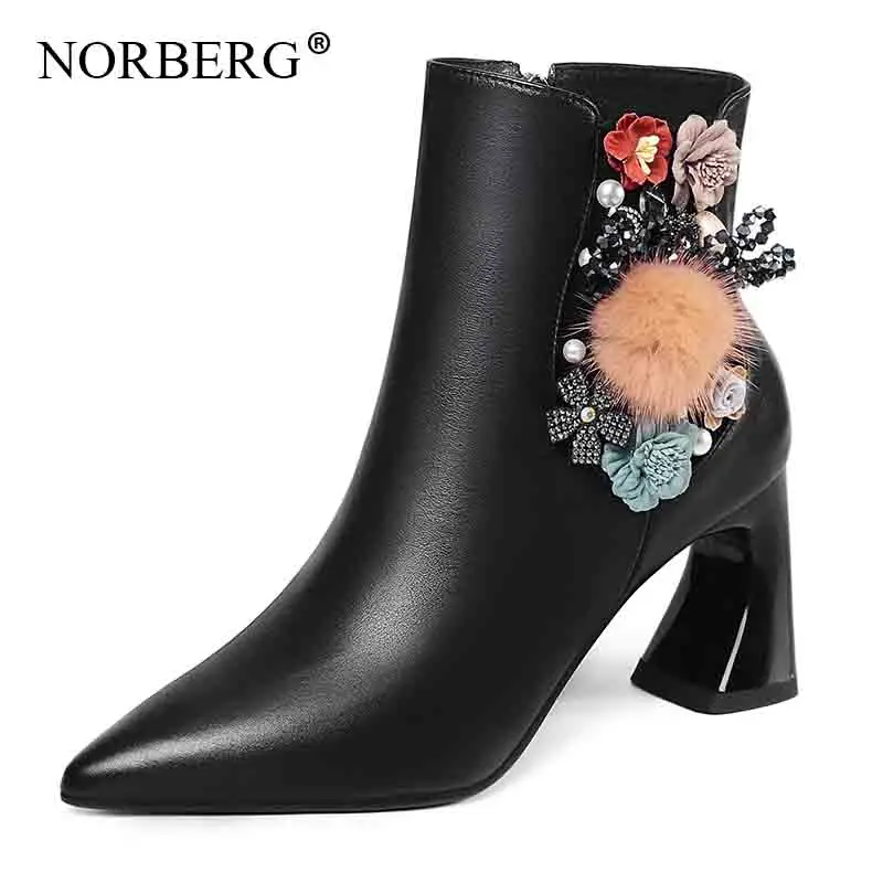 

Genuine Leather women's Ankle boots elegant flower decoration design for withStrange Style winter high heel boots evening shoes