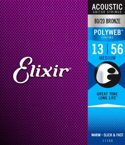 Оригинальные струны Elixir 11100 Polyweb 80/20 бронзовые для акустической гитары. 013 . 056