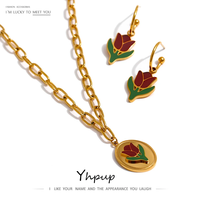 

Yhpup Stainless Steel Enamel Flower Pendant Necklace Exquisite Metal 18 K Collar Fashion Necklace Bijoux Femme Anniversary Gift