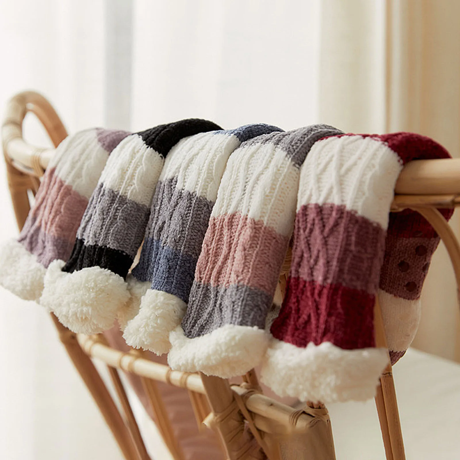 

Winter Women's Warm Socks Non-slip Stockings Stripes Soft Cute Thick Floor Socks House Slippers