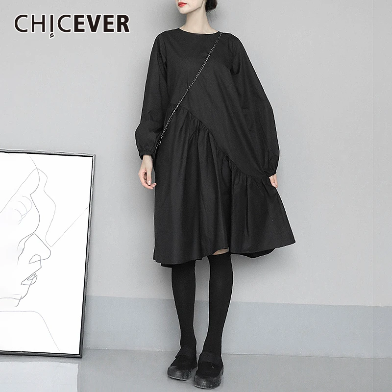 

CHICEVER Ruched Dress For Women O Neck Lantern Long Sleeve Patchwork Ruffles Vintage Black Dresses Female 2020 Fashion Clothing