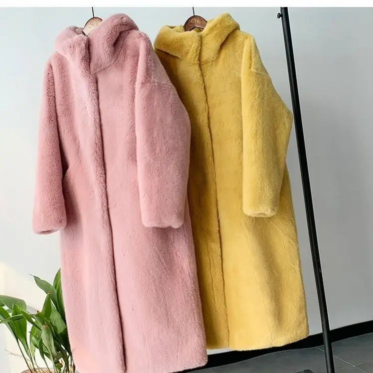 2021 Winter Autumn Thickened Faux Fur Long Hooded Loose Plush Women Coat