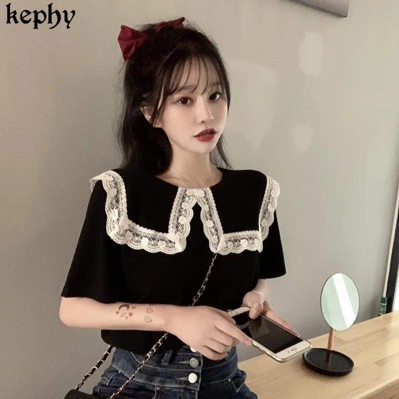 Женская футболка с коротким рукавом кружевной черный топ оборками и кукольным