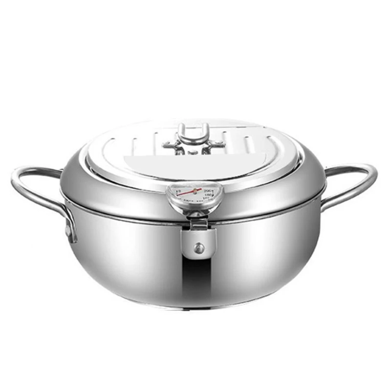 

Japanese Deep Frying Pot with A Thermometer and A Lid 201 Stainless Steel Kitchen Tempura Fryer Pan 24 cm