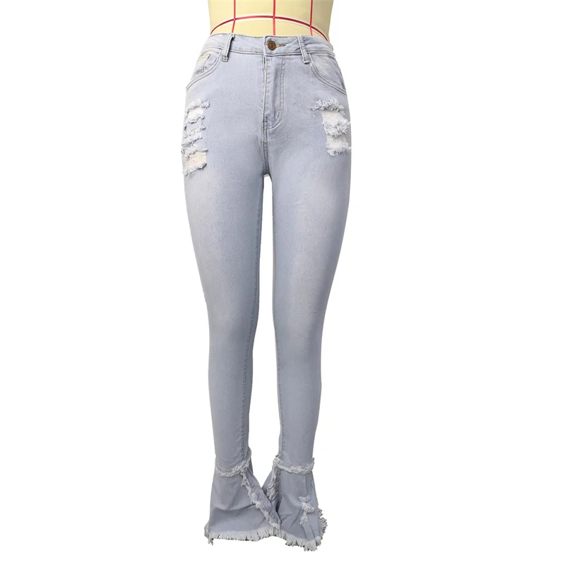 

Light blue 2021 New Women Tassel Spliced Ripped Flared Pants High Waist Skinny Denim Jeans Lady Bell Bottom Pants Trousers Girl