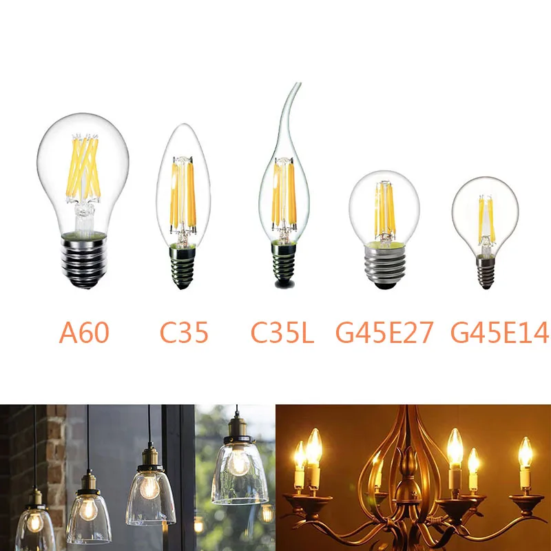 Светодиодный светильник в форме свечи E14 E27 цоколем C35 C35L G45 A60 ST64 AC 220V стеклянный