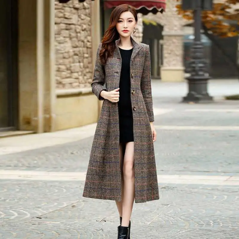 

fashion Tartan wool coat female long section Korean 2021 new autumn and winter models Slim waist check woolen coat