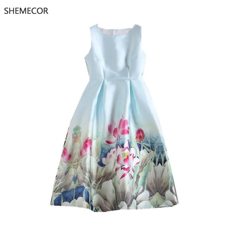 SHEMECOR, осень, новое женское платье Mori Girl, свежий стиль, цветок лотоса, цветочный принт, высокая талия, ТРАПЕЦИЕВИДНОЕ платье без рукавов, голубое, розовое, размера плюс