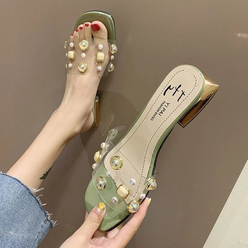 

Female Shoes Low Square heel Transparent Slippers Luxury Slides Platform Rivet Med Summer Clogs Woman 2021 Block Designer Beach