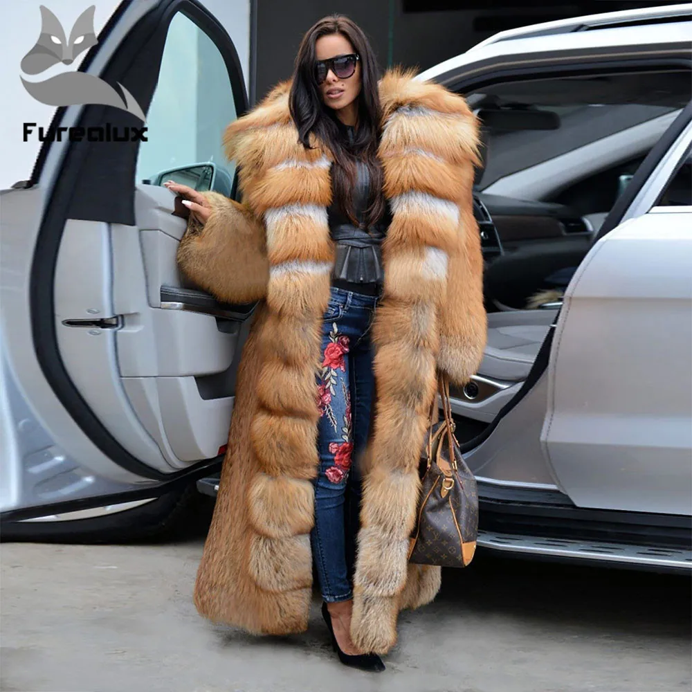 Furealux Новая шуба из натурального Лисьего меха с длинными рукавами Роскошная