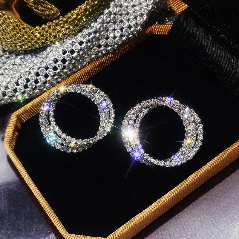 silver FYUAN, модные серьги-гвоздики в Корейском стиле с несколькими кругами, роскошные золотые и серебряные стразы, серьги для женщин, свадебные ювелирные изделия - Окраска металла: silver