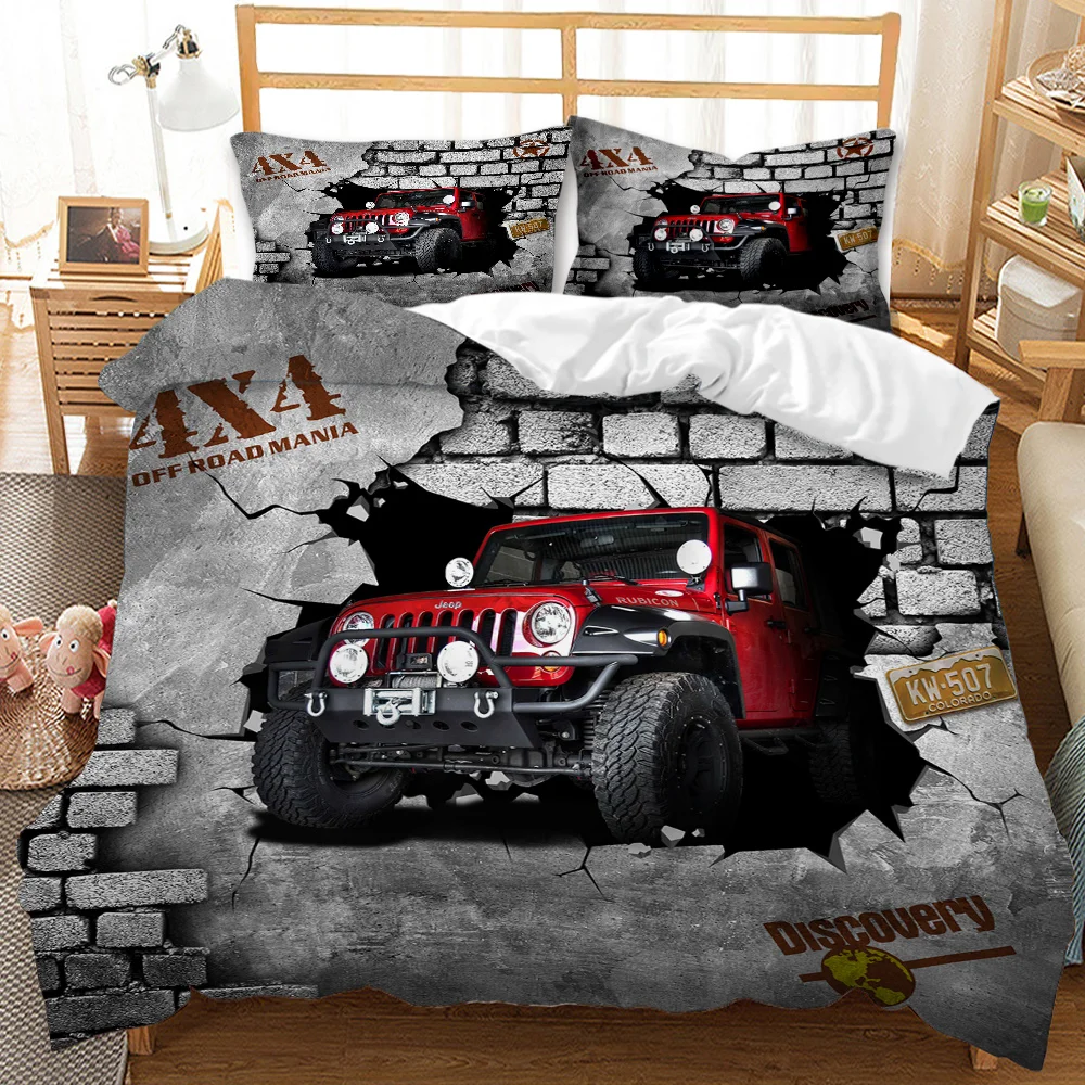 

Retro Vintage Car Printed Bedding Set Queen King Size Grey Red Jeep Duvet Cover Bed Quilts Kids Bedroom Decor Home Textile