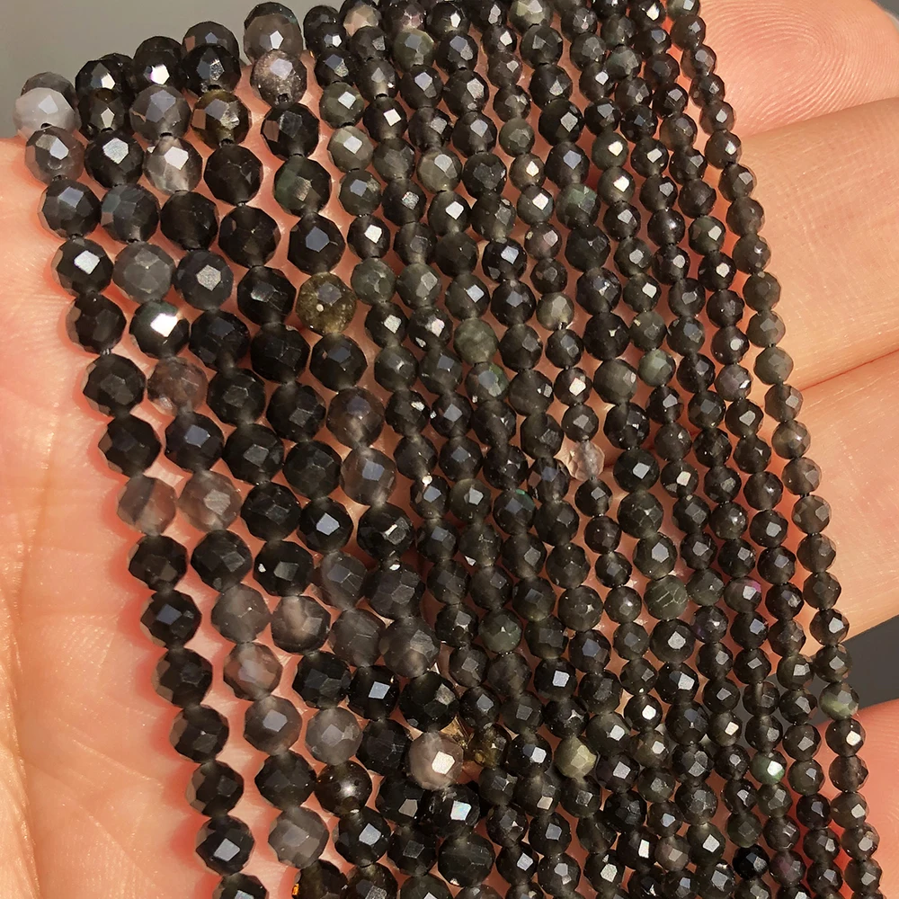

2 3 4mm Faceted Black Obsidian Jaspers Stone Round Loose Spacer Beads for Jewelry Making DIY Bracelet Earrings Accessories 15''