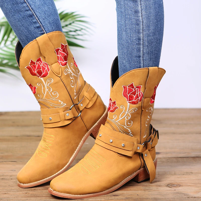 

Embroidery Cowboy Boots for Women Autumn Westerm Boots Retro Booties Women Ladies Shoes Botas Mujer Womens Shoes
