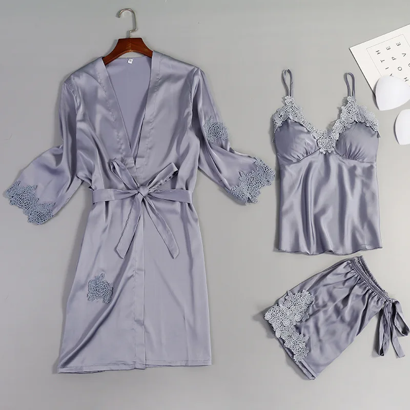 

Women Pajamas Three-piece Sexy Simulation Silk Suspender Shorts Home Service Female V-neck Thin Section