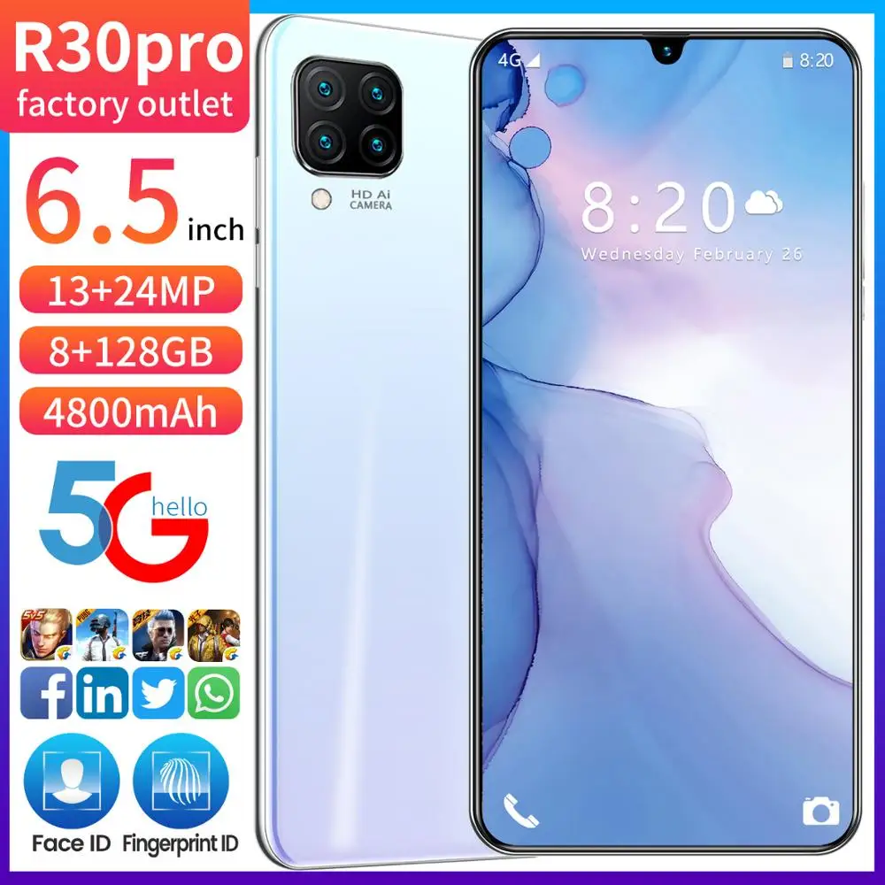 

Global Version R30 PRO Mobile Phone 6.5 " 855 Cellphone 8 256GB 5600mAh ROM 8 Core 4G LTE Android 9.1 Dual SIM Smart phone