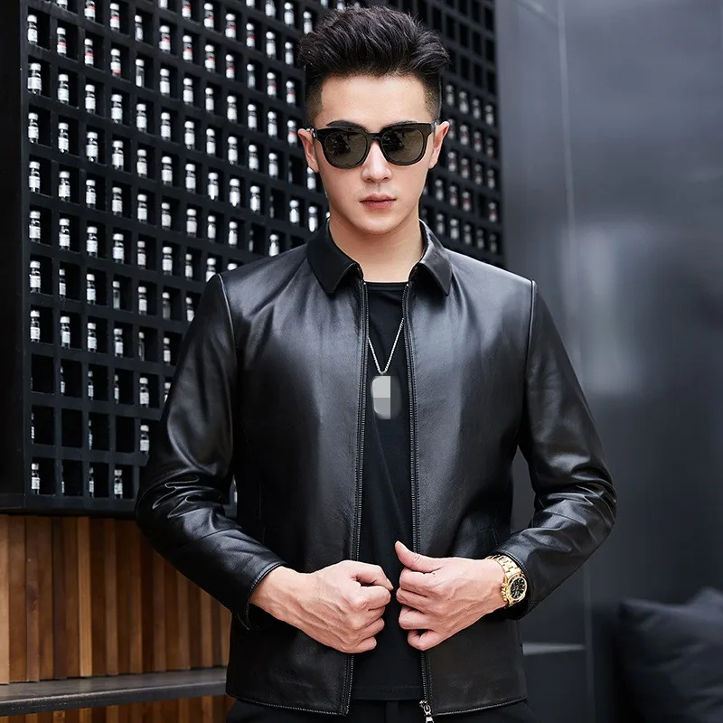 

Business Casual Genuine Leather Jacket Men Cowhide Turn-down Collar Short Coat Male Luxury Black Motorcycle Jacket Plus Size 4XL