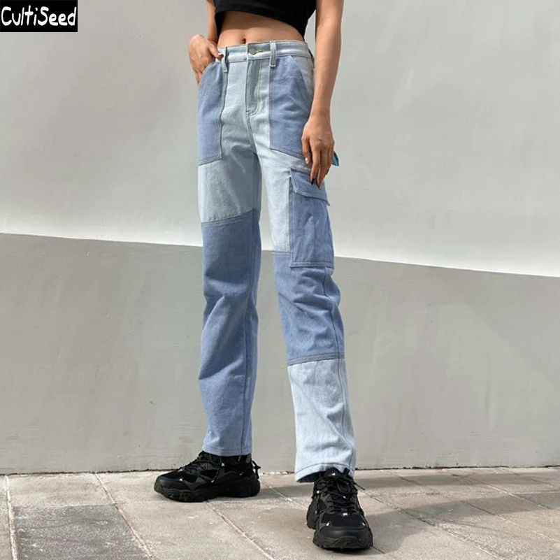 

Cultiseed Women Big Pockets Washed Denim Jeans Pant Trousers Female New Fashion High Waist Patchwork Long Pants Straight Jeans