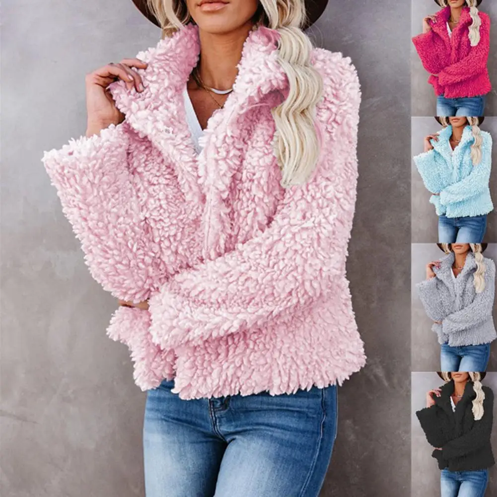 

Women Coat Solid Color Turn-down Collar Cardigan Plush Lady Jacket for Daily Wear