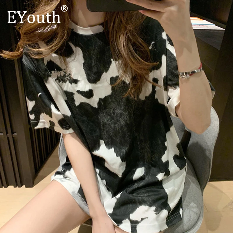 Женская футболка с принтом коровы контрастная свободная коротким рукавом топы