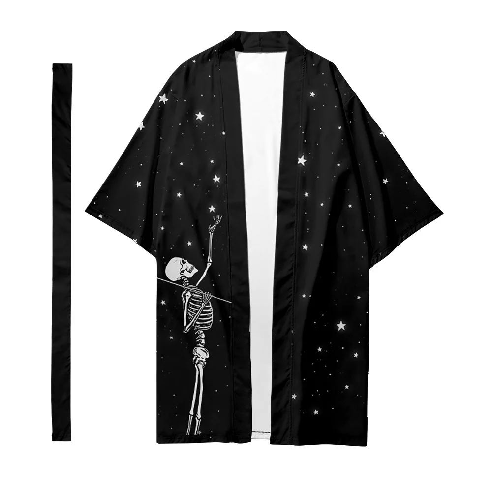 

Men's Japanese Traditional Ethnic Long Kimono Cardigan Male Samurai Kimono Starry Sky Skull Pattern Kimono Shirt Yukata Jacket