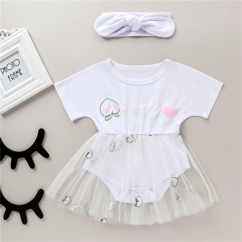 

0-24M Newborn Baby Girl Cute Clothes Round Neck Yarn Romper Shore Sleeves Triangle Crotch Romper with Transparent Yarn Skirt