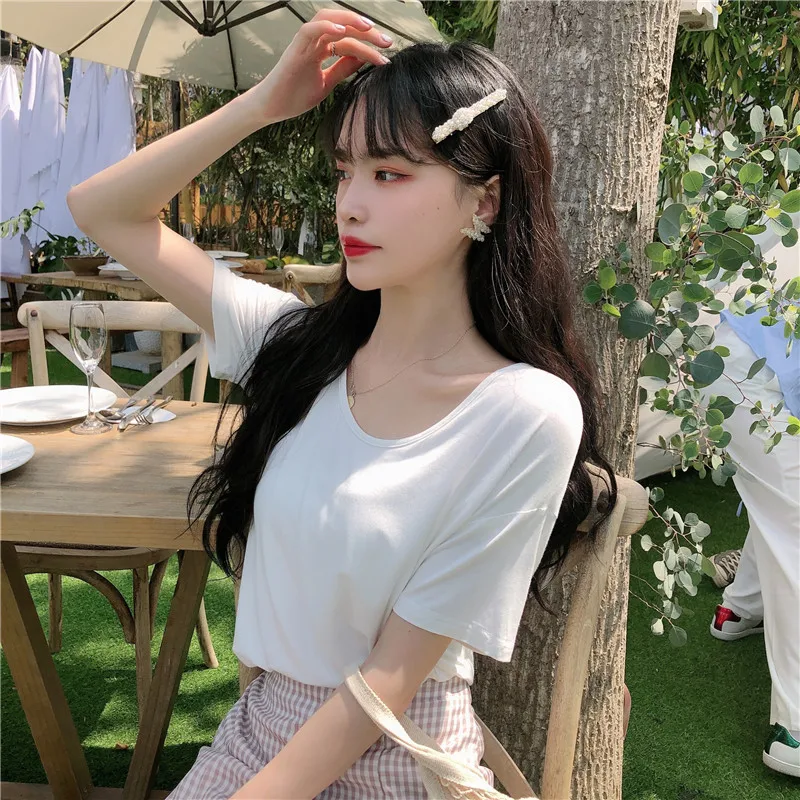 

HL318 Slim U-neck basic white base short sleeve women