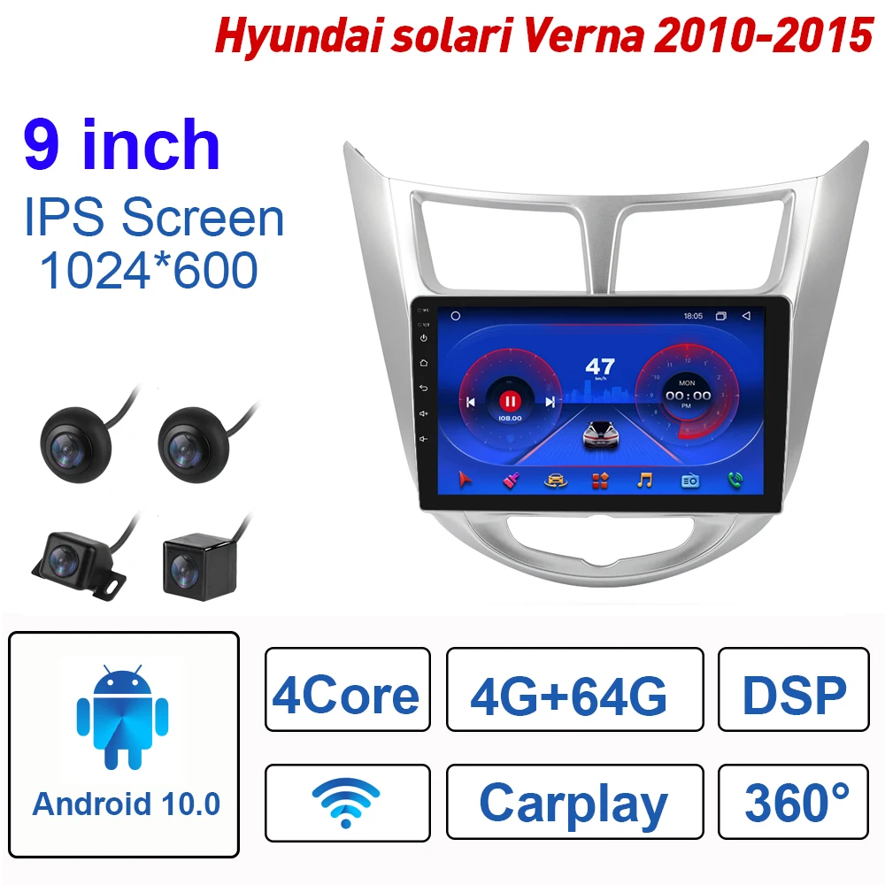 

T5+360 For Hyundai Verna 2010-2015 Android 10 Car Radio Multimedia Video Player 9Inch Navigation Stereo GPS Wifi Bluetooth 2 Din